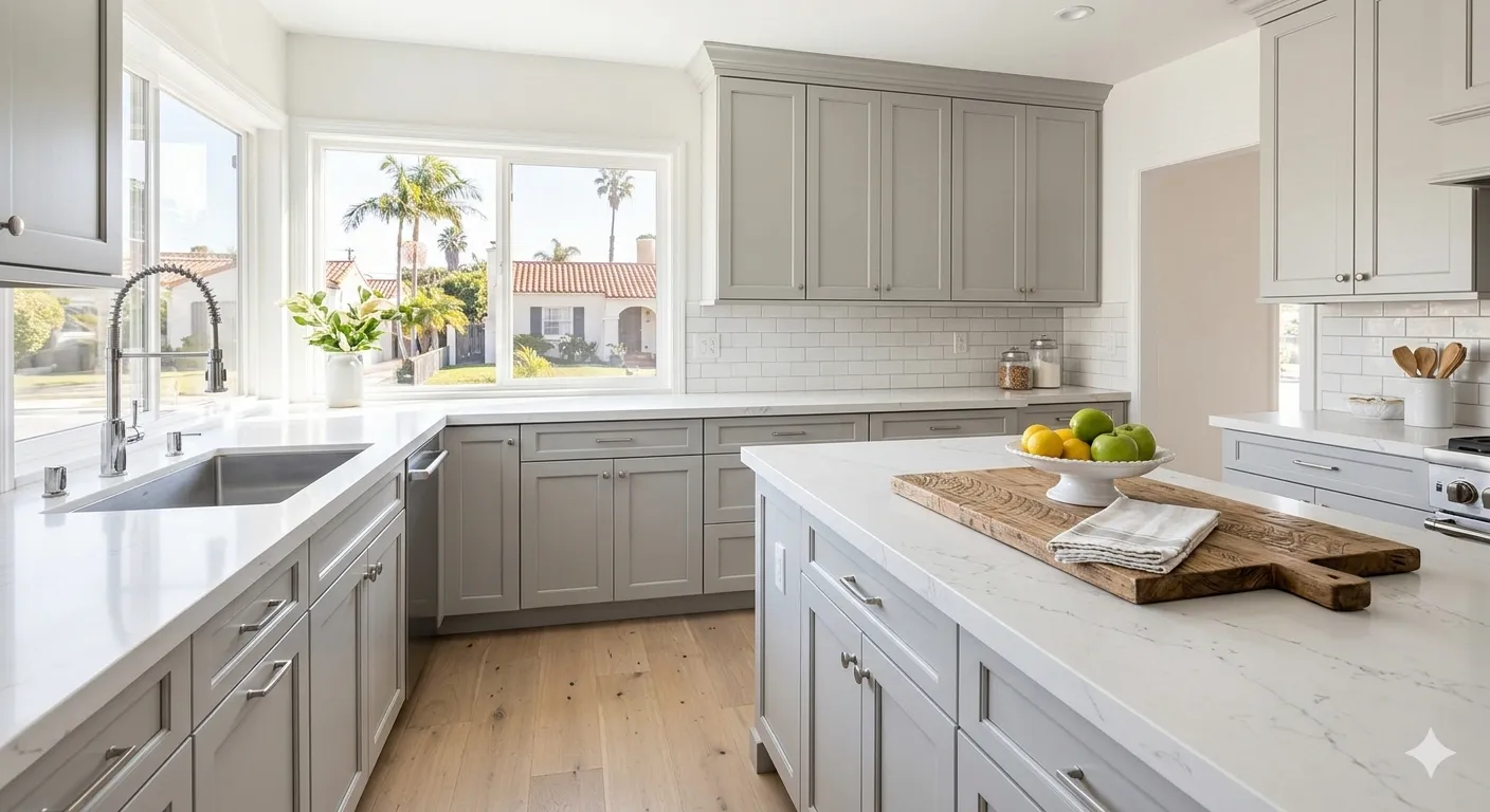 A bright morning shot of a typical LA mid-range remodel, featuring shaker cabinets, quartz countertops, and white oak flooring with a sunny window view of palm trees.